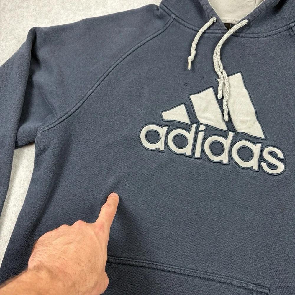 Adidas‎ Hoodie Mens Large Blue Embroidered Logo Distressed Grunge Pullover Y2K
